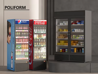 POLIFORM Commercial Display Refrigerators With Pepsi Coca Cola Beverages And Food Items 3d model