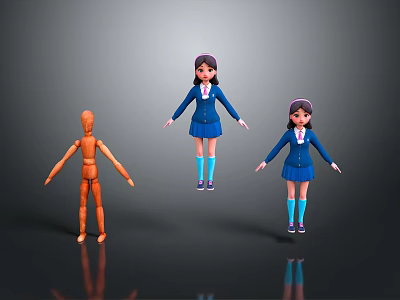 Wooden Mannequin And Two Girls In Blue School Uniforms Standing On Dark Reflective Surface 3d model