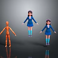 Wooden Mannequin And Two Girls In Blue School Uniforms Standing On Dark Reflective Surface