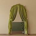 Elegant Green Velvet Curtains With Pleated Top Decorative Flowers And Potted Plant