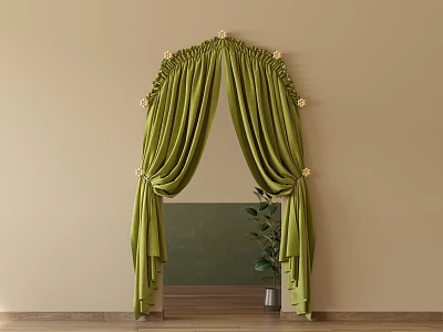 Elegant Green Velvet Curtains With Pleated Top Decorative Flowers And Potted Plant 3d model