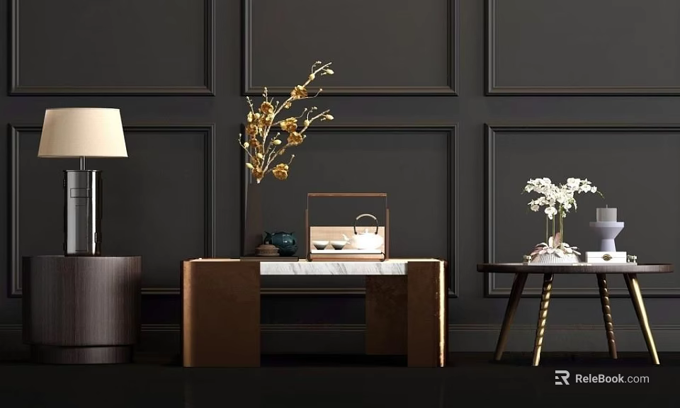 Modern Side Table With Wooden Frame Marble Top And Decorative Vase 3d model