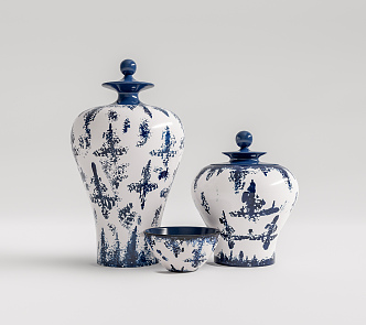 New Chinese Ceramic Ware Blue and Flower Jar Ceramic Ornaments Combination 3d model