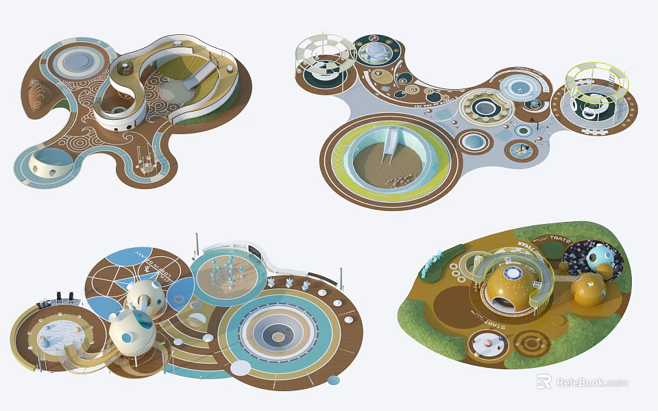 Creative Children's Play Area Design With Circular Platforms Curved Paths And Colorful Structures 3d model 