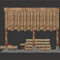 Traditional Wooden Shed Structure With Sloped Roof Wooden Pillars And Firewood Stack On Stone Base