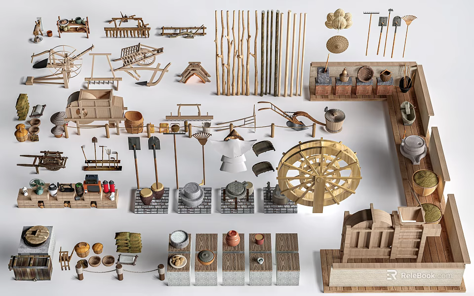 Assorted Garden Decorative Items with Tools Pots Wooden Structures Buckets and Decorative Wheel 3d model 