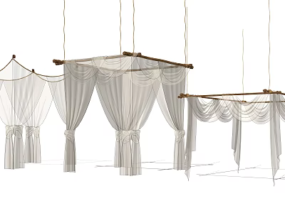 White Decorative Curtains Hanging On Wooden Rods With Various Styles 3d model