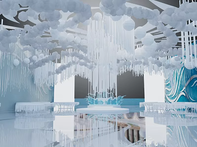 Elegant Modern Banquet Hall With White Hanging Decorations Blue Accents And Shiny Reflective Floor 3d model