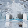 Elegant Modern Banquet Hall With White Hanging Decorations Blue Accents And Shiny Reflective Floor