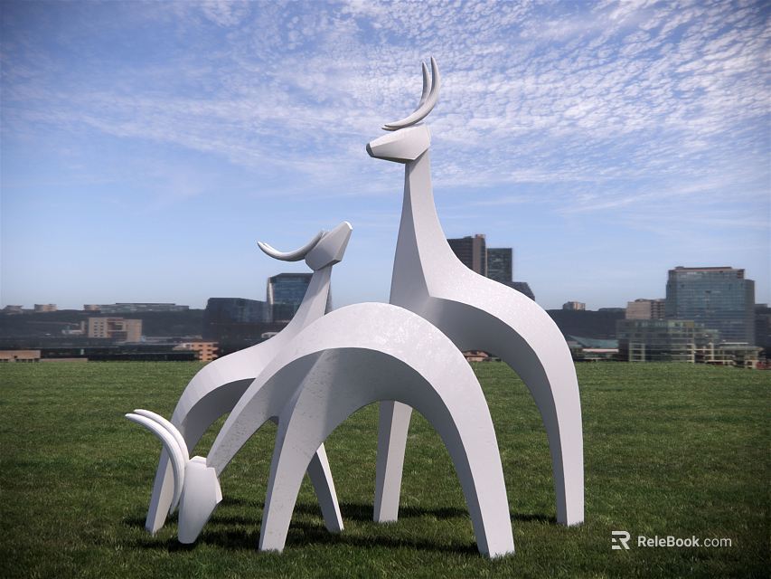 Group of White Deer Sculptures on Green Grass with City Skyline and Blue Sky 3d model 