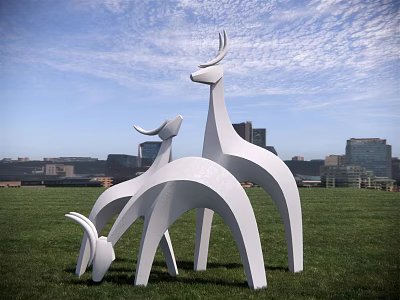 Group of White Deer Sculptures on Green Grass with City Skyline and Blue Sky 3d model