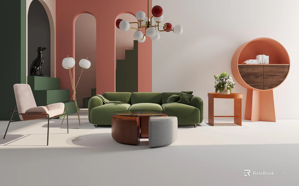 Modern Green Sofa and Round Coffee Table Set with Side Table and Chandelier 3d model 