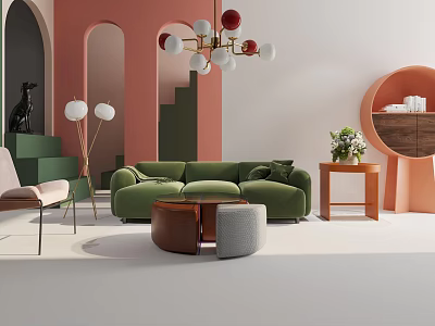 Modern Green Sofa and Round Coffee Table Set with Side Table and Chandelier 3d model
