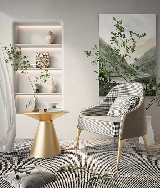 Luxury Accent Chair Interior Design With Upholstered Fabric Gold Legs And Green Plants 3d model 