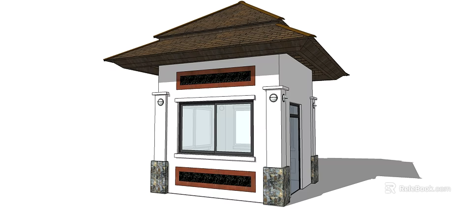 Small Architectural Structure With White Exterior Brown Sloped Roof Rectangular Windows And Stone Pillars 3d model