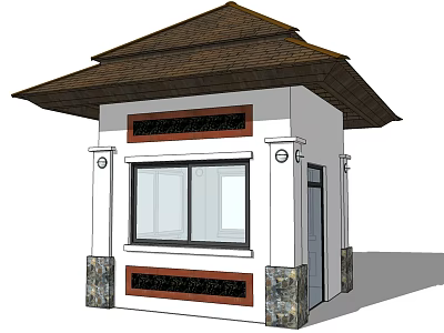 Small Architectural Structure With White Exterior Brown Sloped Roof Rectangular Windows And Stone Pillars 3d model