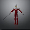 3D Character In Red White Suit With Silver Helmet And Long Sword On Gray Floor