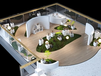 Modern Exhibition Space With Wooden Flooring Green Lawn Areas And White Display Stands 3d model