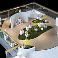 Modern Exhibition Space With Wooden Flooring Green Lawn Areas And White Display Stands