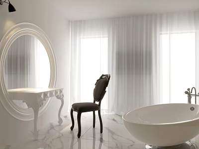 Modern Bathroom Interior With Round Mirror Vanity Table Chair Bathtub Marble Floor And White Curtains 3d model