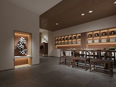 Traditional Chinese Teahouse Interior Design With Wooden Tables Chairs Tea Utensils Shelves And Decorative Art 3d model