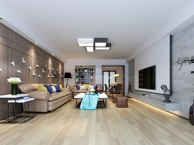Modern Living and Dining Room Interior with Sofa Coffee Table TV and Bird Decorations 3d model