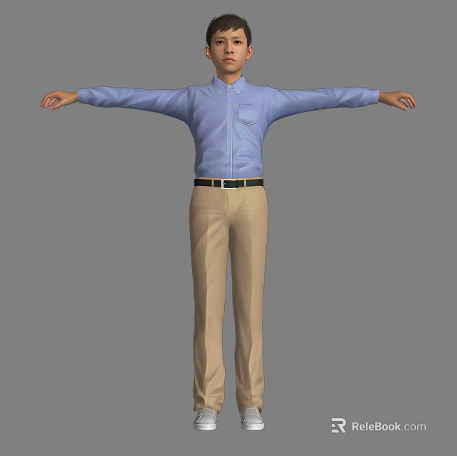 Child in Blue Shirt and Khaki Pants with Arms Outstretched Standing Posture 3d model 