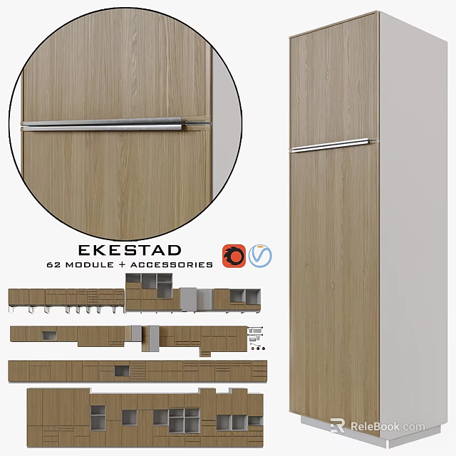 EKESTAD Modular Wooden Cabinets Set With Silver Handles For Furniture Design 3d model 
