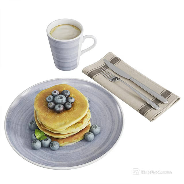 Delicious Blueberry Pancakes with Fresh Blueberries Coffee Cup Fork and Knife on Napkin 3d model 