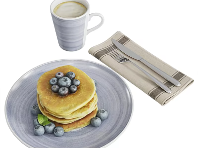 Delicious Blueberry Pancakes with Fresh Blueberries Coffee Cup Fork and Knife on Napkin 3d model