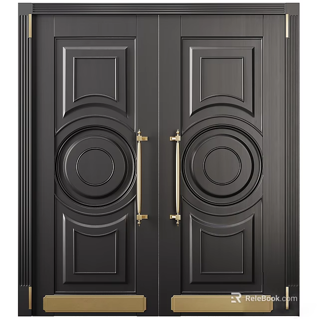 Elegant Black Double Swing Doors With Brass Handles And Decorative Circular Panels 3d model 