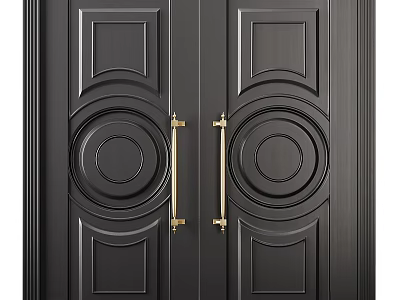 Elegant Black Double Swing Doors With Brass Handles And Decorative Circular Panels 3d model