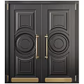 Elegant Black Double Swing Doors With Brass Handles And Decorative Circular Panels
