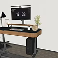 Modern Office Desk With Monitor Keyboard Lamp Pen Holder Potted Plant And Black Cabinet