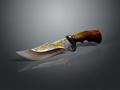 Exquisite Decorative Knife With Golden Patterns On Blade And Brown Wooden Handle 3d model