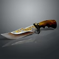 Exquisite Decorative Knife With Golden Patterns On Blade And Brown Wooden Handle
