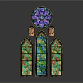 Decorative Casement Window Design With Stained Glass Arched Panels And Gold Frame