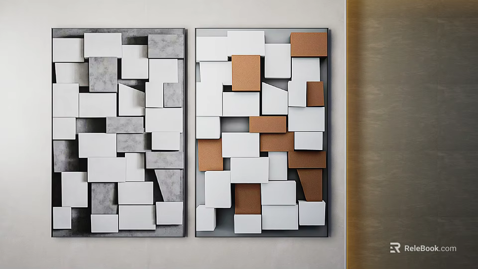 Modern Geometric Wall Art With White Gray Brown Square Shapes Two Pieces Side By Side 3d model 