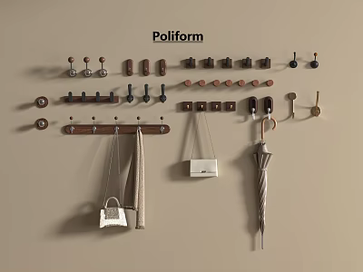 Pailform Stylish Assorted Design Wall Mounted Hooks With Hanging Bags Towels And Umbrellas 3d model