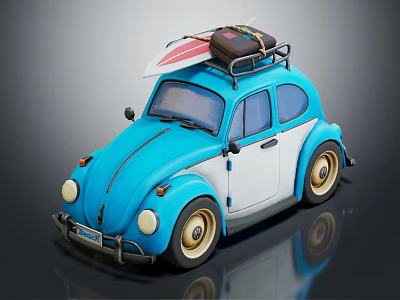 Blue And White Volkswagen Beetle With Roof Rack Luggage And Surfboard 3d model