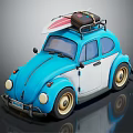 Blue And White Volkswagen Beetle With Roof Rack Luggage And Surfboard