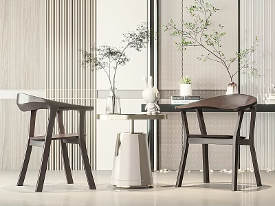 Modern Accent Chairs With Round Coffee Table And Green Plants In Minimalist Home Interior 3d model
