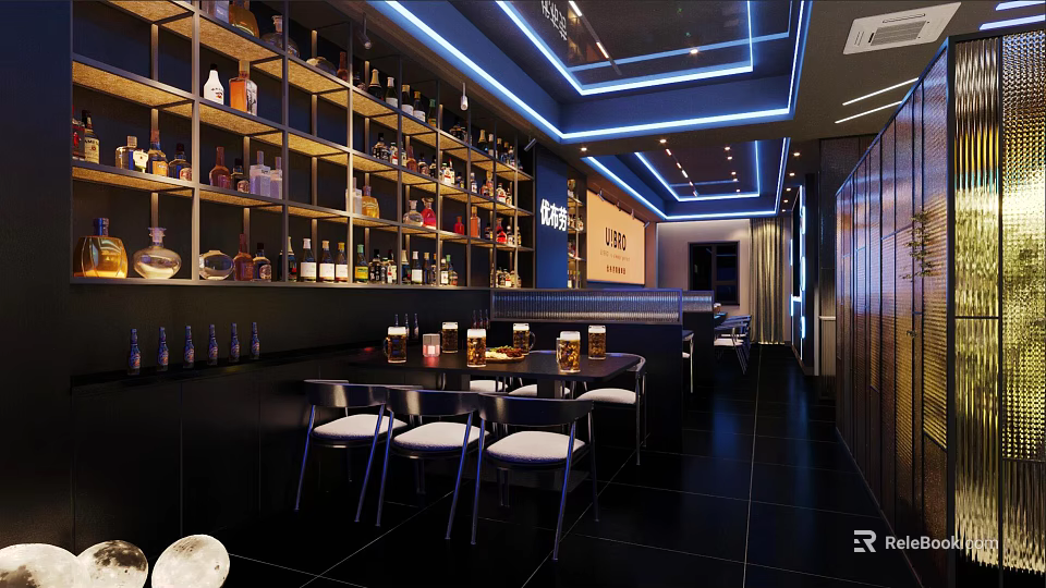 Bar Interior Design With Wine Shelves Various Bottles Bar Counter Chairs And Blue Lighting 3d model 