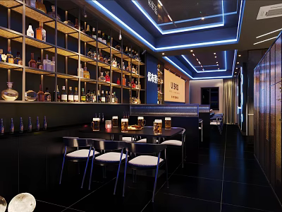 Bar Interior Design With Wine Shelves Various Bottles Bar Counter Chairs And Blue Lighting 3d model