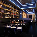 Bar Interior Design With Wine Shelves Various Bottles Bar Counter Chairs And Blue Lighting