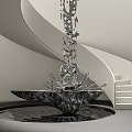 Spiral Staircase Interior With White Curved Structure And Water Sculpture On Marble Base