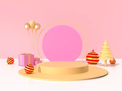 Golden Circular Stage with Pink Background Balloons Gift Boxes Christmas Tree and Striped Decorative Balls 3d model