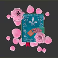 Elegant Decorative Blue Book With Rose Petals Red Bookmark And Small Key