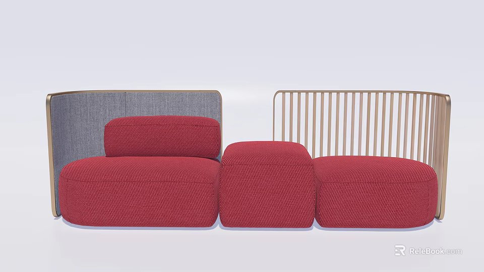 Red Sectional Sofa With Square Modules Gray Cushioned Backrest And Gold Metal Frame 3d model