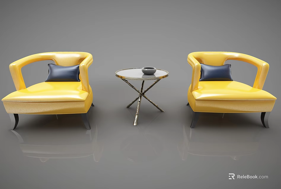 Yellow Armchairs With Blue Pillows And Round Side Table In Gray Space With Reflections 3d model